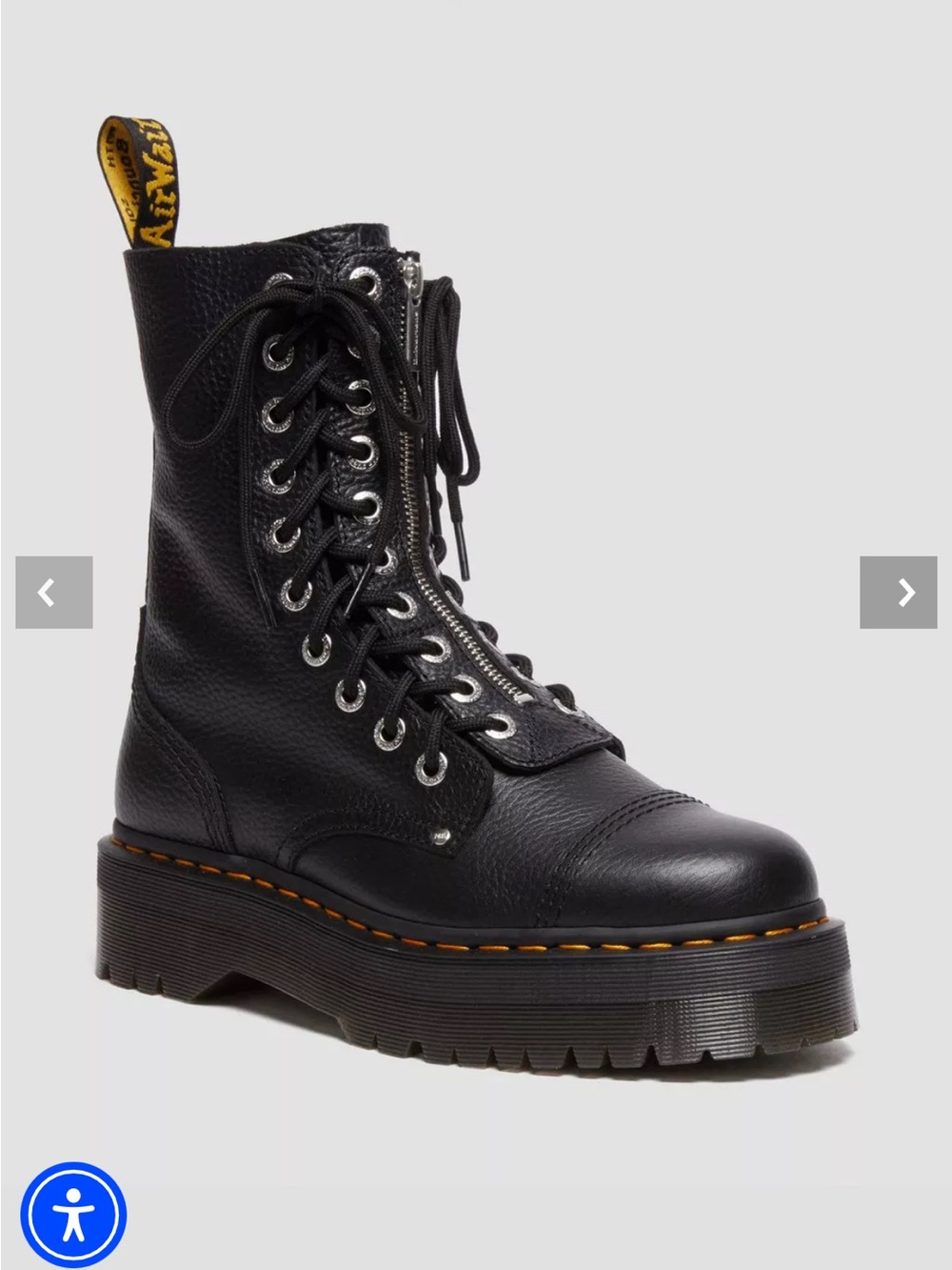 Dr. Martens Black Leather Platform Lace-Up Combat Boot with Yellow Heel Loop